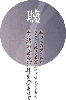 「聴」秋の虫の鳴き声やさらさら流れる大堰川のせせらぎなどの自然の音色に耳を澄ませて